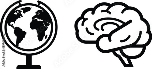 black and white illustration of globe and brain