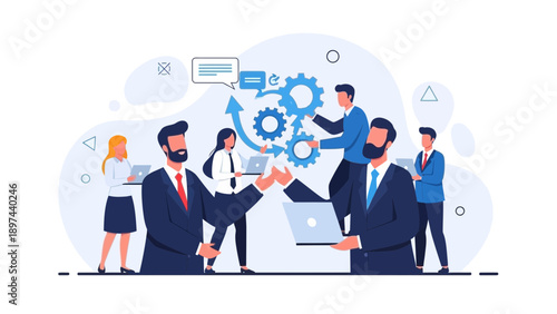 Business Teamwork Collaboration with Gears and Laptops