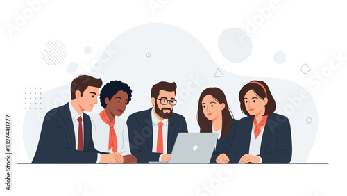Diverse business team collaborating around a laptop, modern office illustration