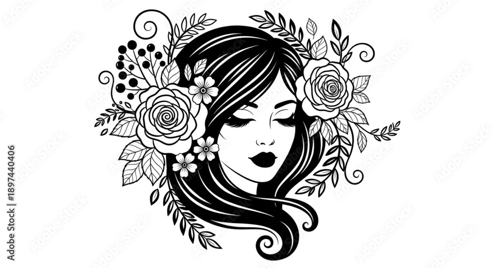 Fototapeta premium Elegant Woman with Floral Wreath Illustration Feminine Beauty Salon Logo Design for Spa and Fashion Branding