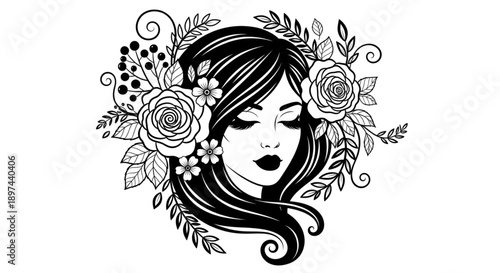 Elegant Woman with Floral Wreath Illustration Feminine Beauty Salon Logo Design for Spa and Fashion Branding