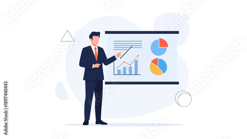 Businessman presenting financial charts and graphs on a whiteboard