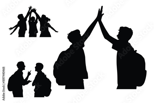 Black silhouettes of children and teens celebrating and interacting
