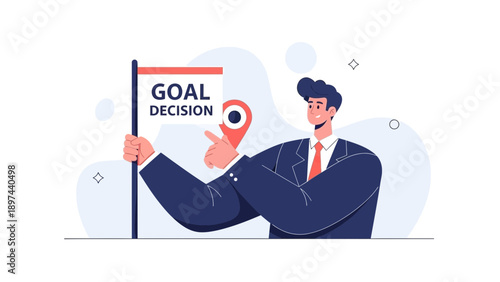 Businessman holding flag with GOAL DECISION and location pin, concept of aiming target