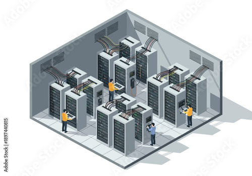 Isometric illustration of technicians working on servers in a data center from an overhead viewpoint