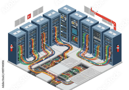 Complex server room with multiple interconnected servers and cables