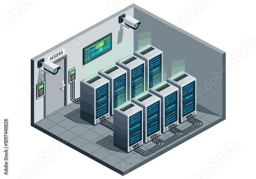 Isometric View of Server Room with Multiple Servers and Security Cameras in a Controlled Environment