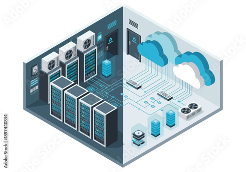 Isometric illustration of cloud technology and data storage infrastructure in a modern computing environment