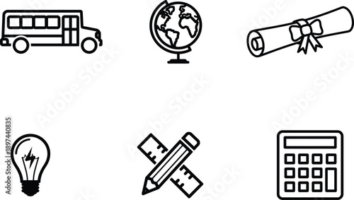 school education icons with bus globe diploma lightbulb pencil calculator