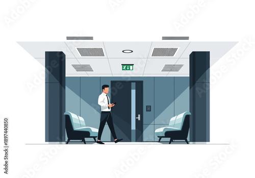 Man walking into office lobby through entrance with chairs and exit sign