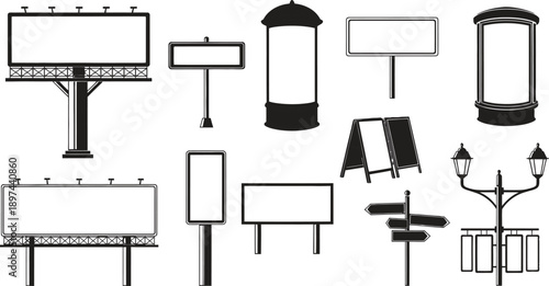 Various blank billboards and street signs on white background