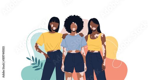 Group of diverse young women with vitiligo skin condition standing together, celebrating body positivity and self-acceptance.