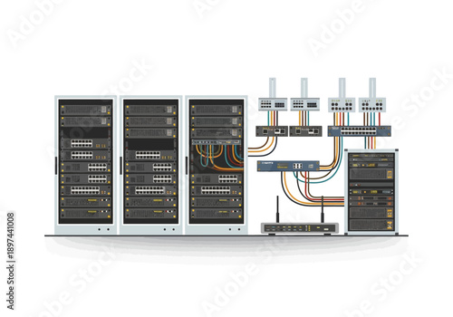 Complex server setup with multiple racks and interconnected cables viewed from the front