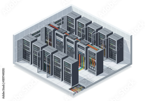 Isometric View of Server Room with Multiple Servers and Cables
