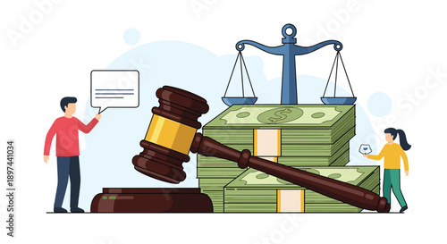 Legal concept illustration with a judge's gavel, scales of justice, and stacks of money representing finance law and auctions.