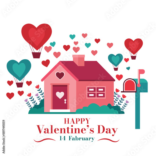 Festive valentine s day illustration featuring a pink house hearts and hot air balloons