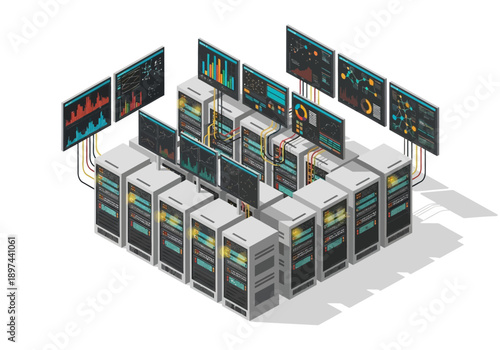 Multiple computer servers and monitors displaying data analytics from various viewpoints in a technological environment