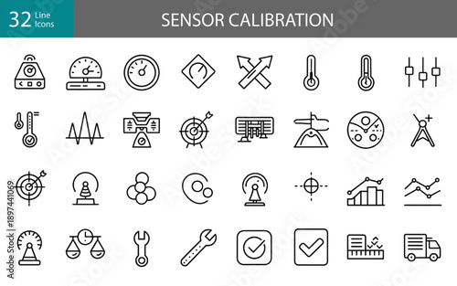Industrial Engineering Line Icons Vector Measurement Gauges Tools Set