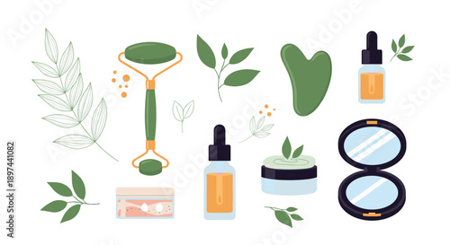 Natural skincare and beauty routine collection with jade roller, gua sha, serum, and creams surrounded by green leaves.