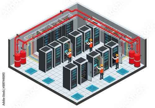 Isometric illustration of technicians maintaining servers in a data center with red pipes and blue floor tiles
