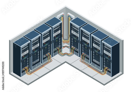 Isometric illustration of server racks in a data center with cables and connectivity