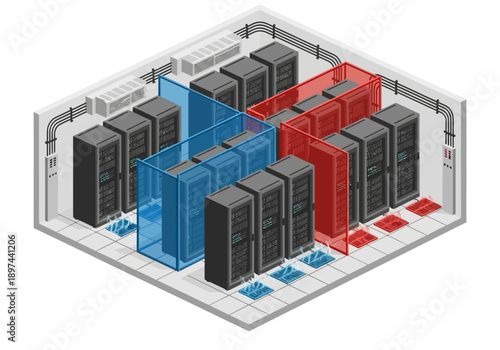 Data Center Server Room with Multiple Server Racks and Network Equipment in a 3D Illustration View