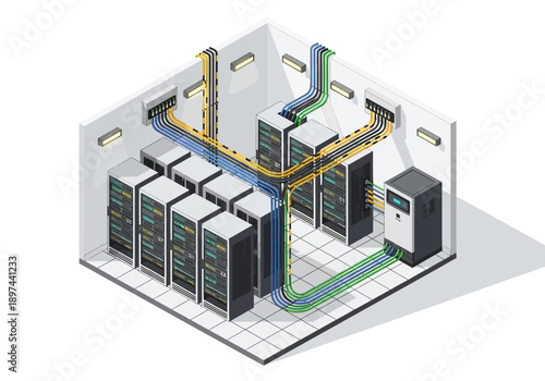 Isometric view of a data center room with servers and cable management system