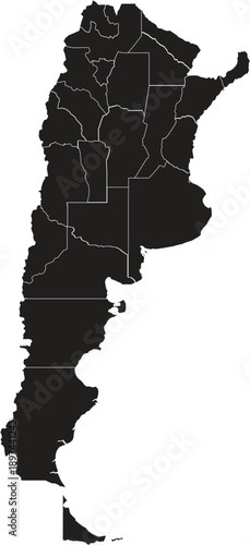 Simple Map of Argentina with Administrative Borders and Internal Regions in Black Layout Vector Silhouette