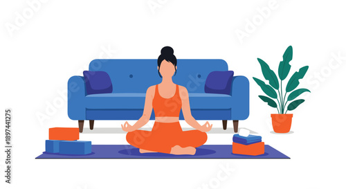 Woman practicing yoga and meditation in the lotus position at home for stress relief and mindfulness in a cozy living room.