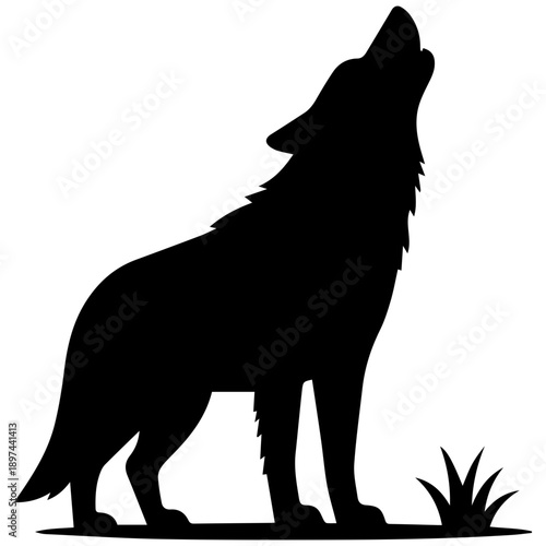 Silhouette of a howling wolf standing in grass, black and white vector art, wild animal profile