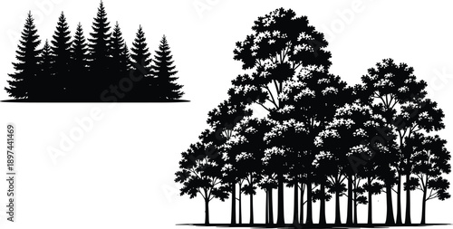 Black pine and deciduous forest silhouettes collection, coniferous tree line and mixed woodland elements set, nature landscape bundle for minimalist outdoor design,