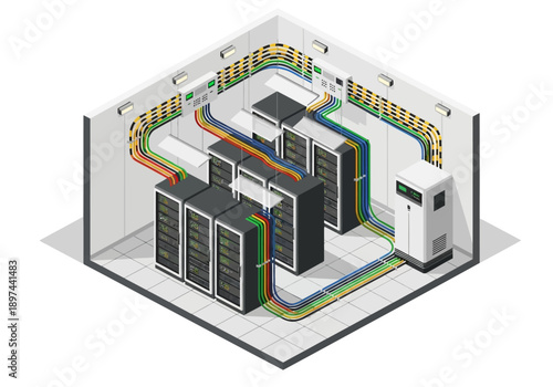 Isometric View of Data Center Servers and Cables in a Modern Data Center Facility