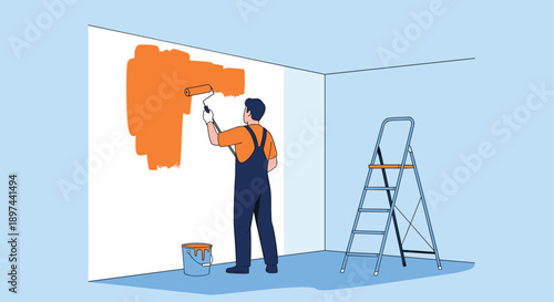 Professional painter in overalls applying orange paint to a white wall with a roller during a home renovation or redecoration.
