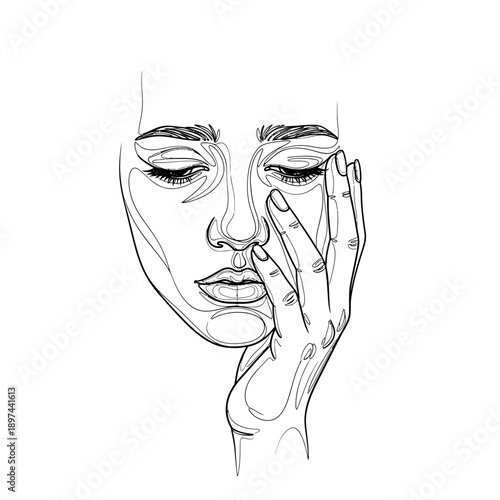 Contemplative Womans Face with Hand Artistic Line Drawing.