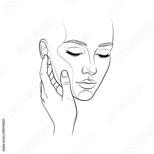 Contemplative Womans Face with Hand Touching Cheek.