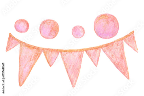 Watercolor hand-drawn holiday accessories in soft pink tones. Garland and balls for holiday decoration isolated on a white background.