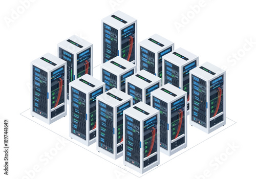 Isometric 3D illustration of servers arranged in a clustered configuration viewed from above