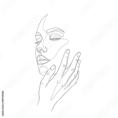 Elegant Line Art Portrait Womans Face and Hand.