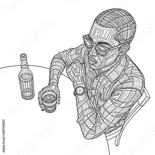 Man with glasses drinking alcohol at the bar.