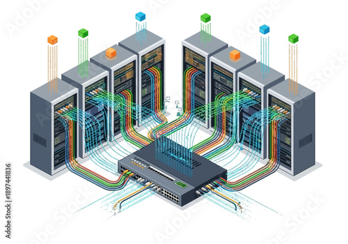 Complex server infrastructure with multiple interconnected data storage units and network cables, viewed from above in a technical illustration