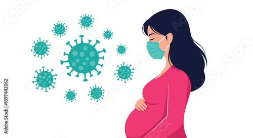 Pregnant woman wearing a protective face mask to prevent infection from coronavirus particles during the covid-19 pandemic.