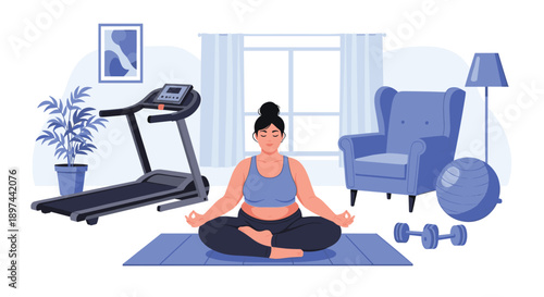 Body positive plus-size woman meditating in lotus pose at home, practicing mindfulness for mental health and wellness.