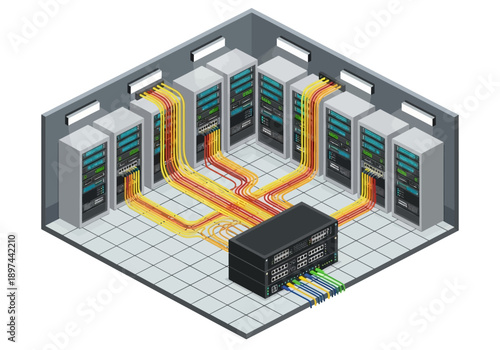 Isometric illustration of servers and network equipment in a data center with cables connecting devices