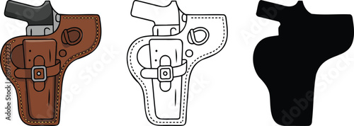 Gun holster silhouette & Outline and illustration set isolated on transparent background