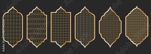 Islamic geometric lattice designs showcasing traditional arabesque patterns in various arces and frames
