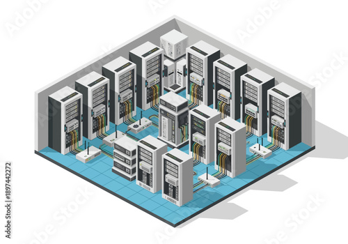 Isometric illustration of a futuristic cityscape with towering buildings and advanced technology infrastructure.