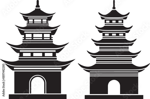 Black and white illustration of two traditional Asian pagodas, oriental architecture, cultural landmarks