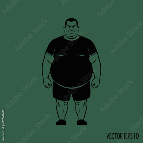 Overweight man in black outfit on green background.