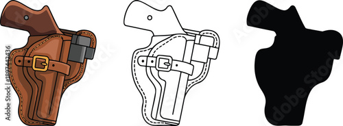 Gun holster silhouette & Outline and illustration set isolated on transparent background