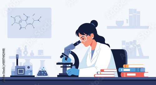 Female scientist in a lab coat looking through a microscope, conducting research and experiments in a modern laboratory.